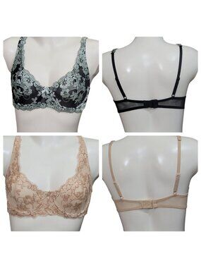 Bra Set of Two Black Nude 34C Embroidered Mesh Lace